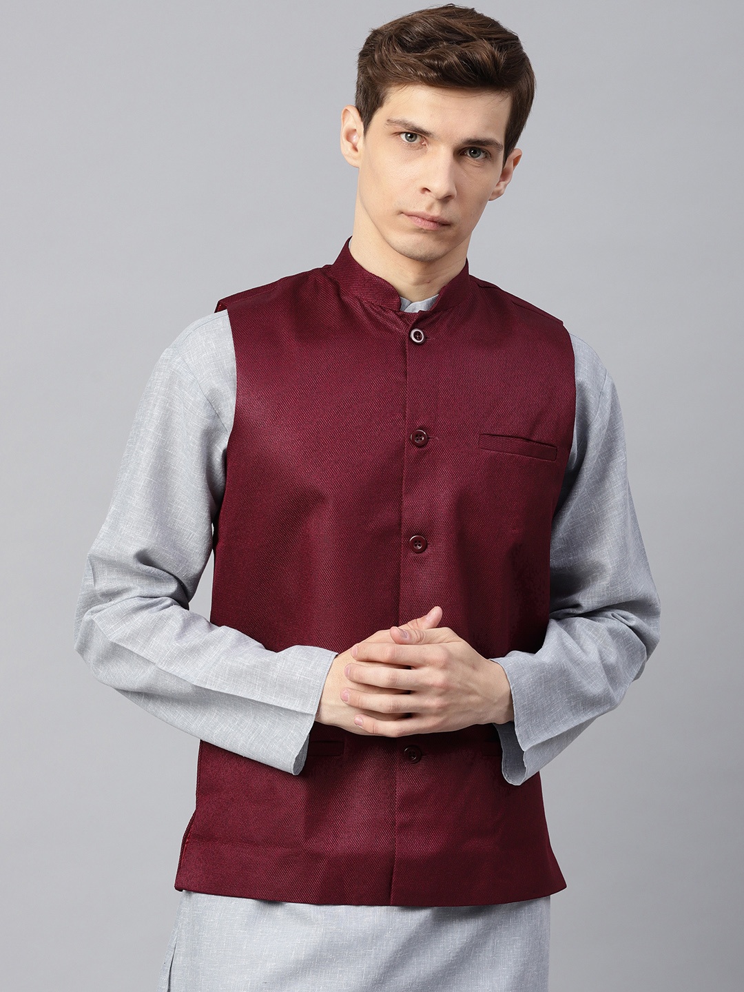 

SOJANYA Men Burgundy Woven Design Nehru Jacket