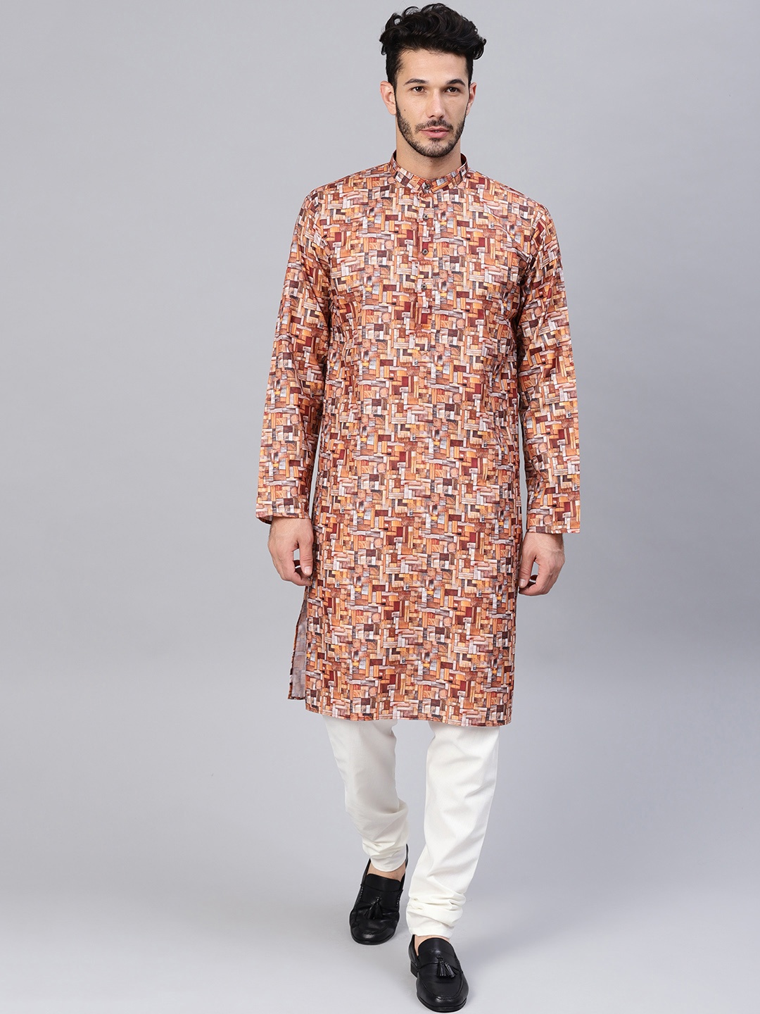

SOJANYA Men Orange & Off-White Printed Kurta with Churidar