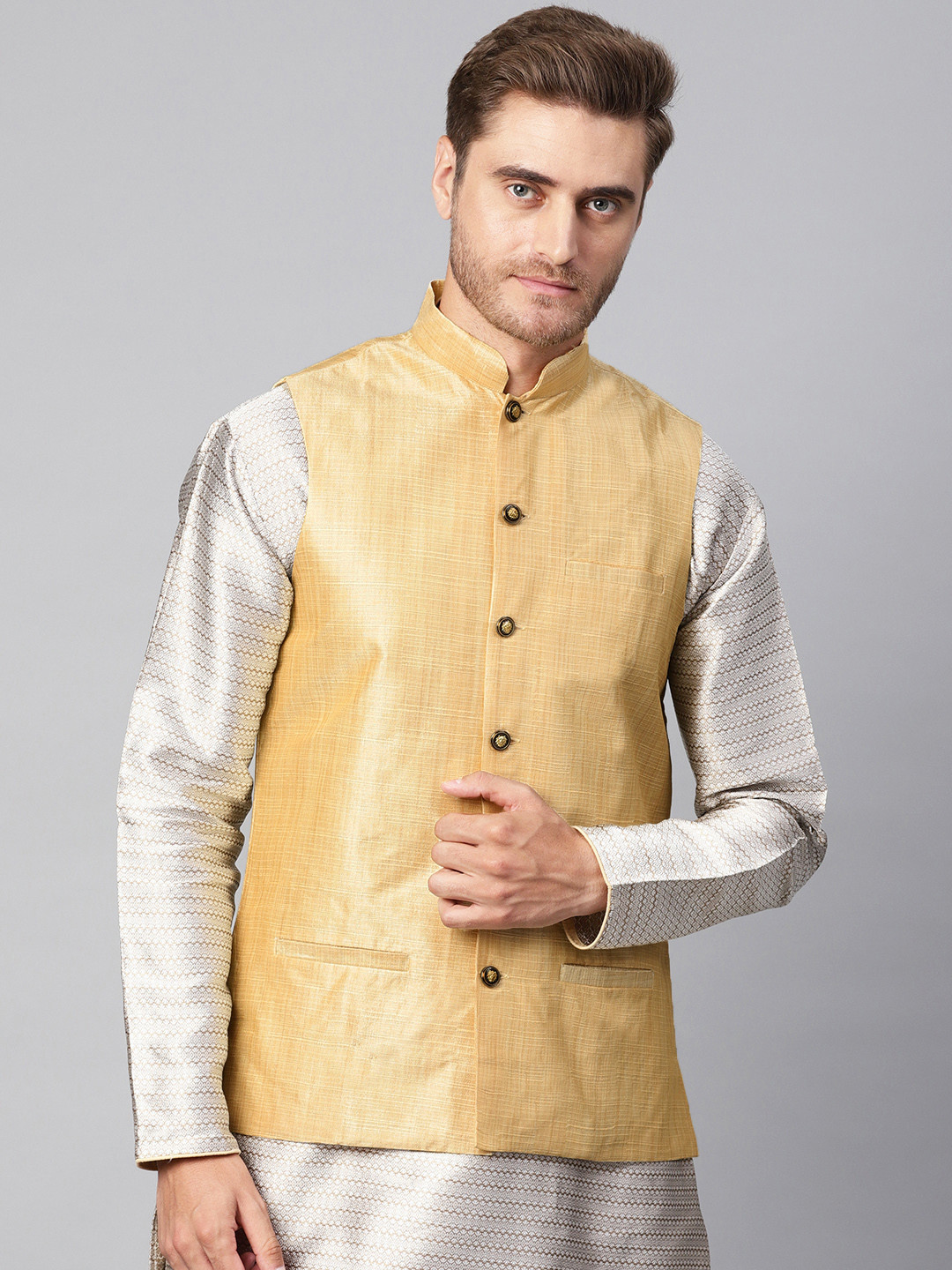 

SOJANYA Men Beige Solid Nehru Jacket
