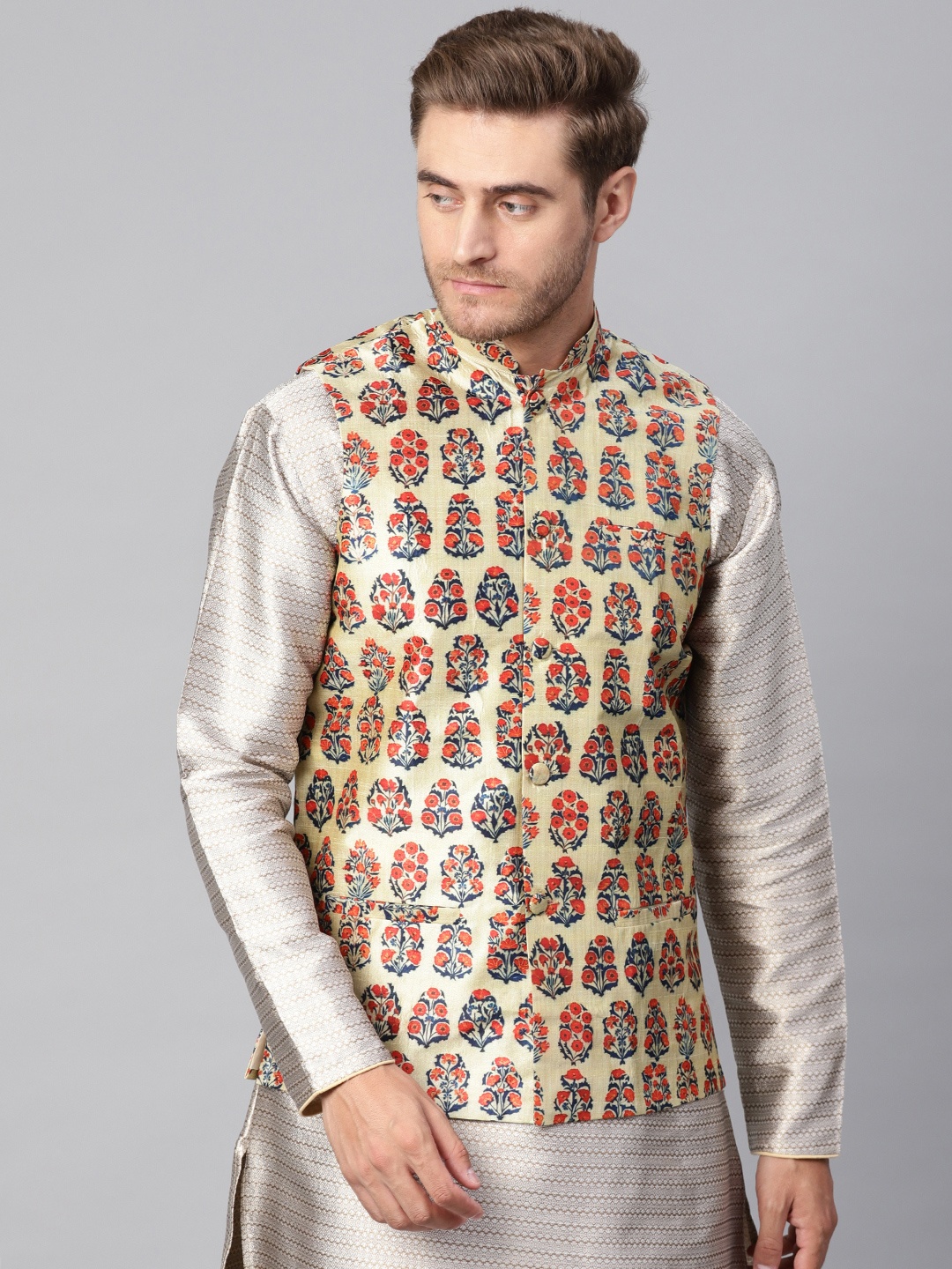 

SOJANYA Men Beige & Orange Printed Nehru Jacket