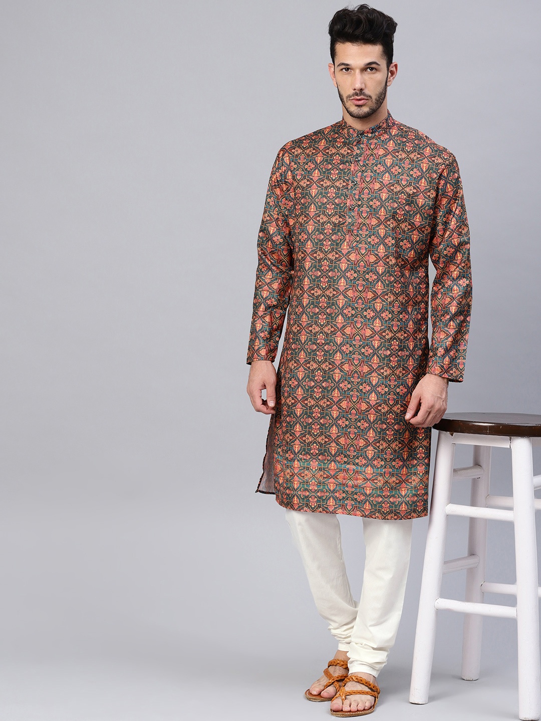 

SOJANYA Men Teal Green & Off-White Printed Kurta with Churidar