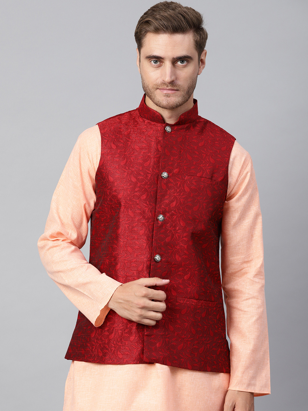 

SOJANYA Men Maroon Woven Design Nehru Jacket