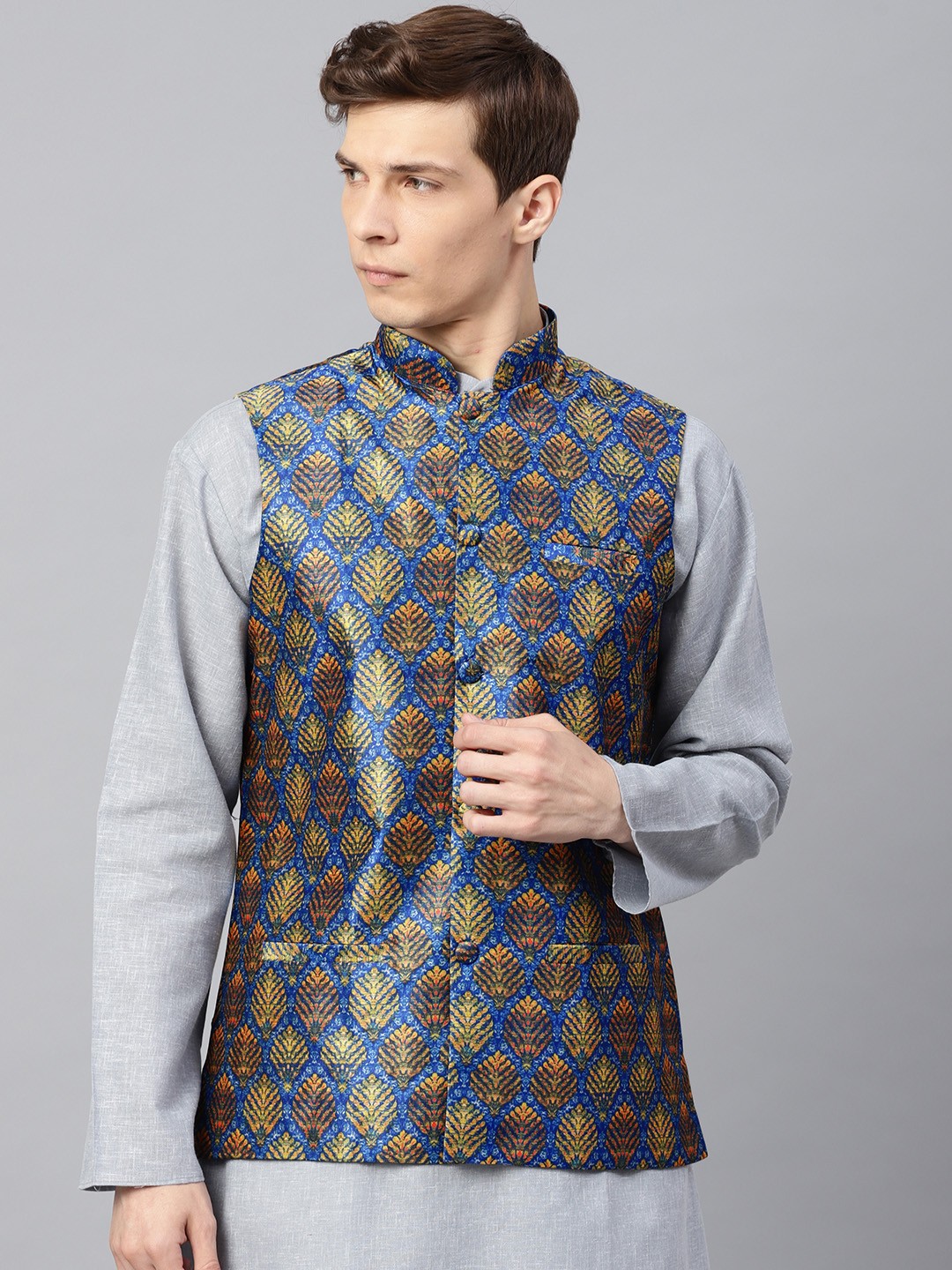 

SOJANYA Men Blue & Yellow Printed Nehru Jacket