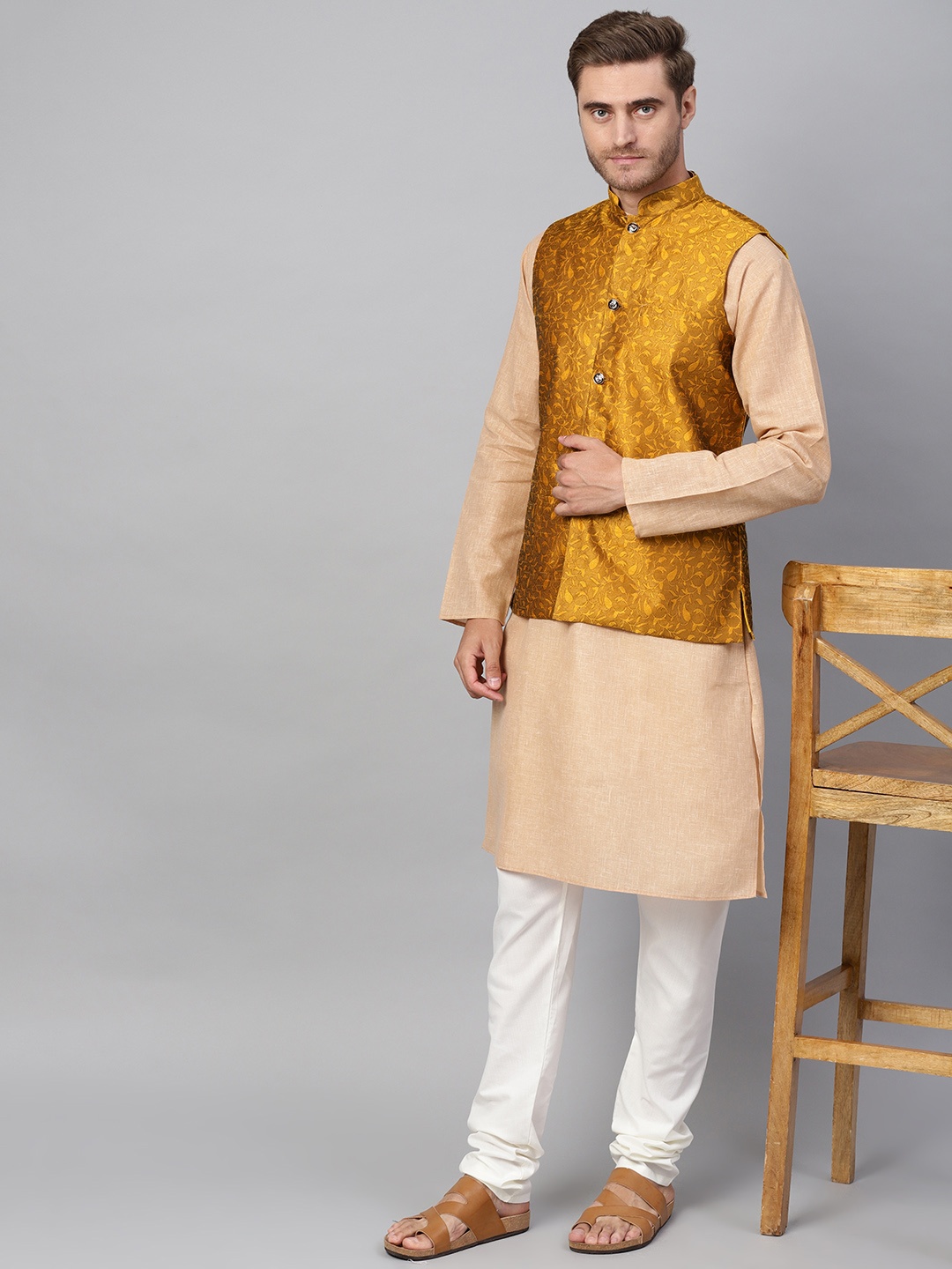 

SOJANYA Men Mustard Yellow Woven Design Nehru Jacket