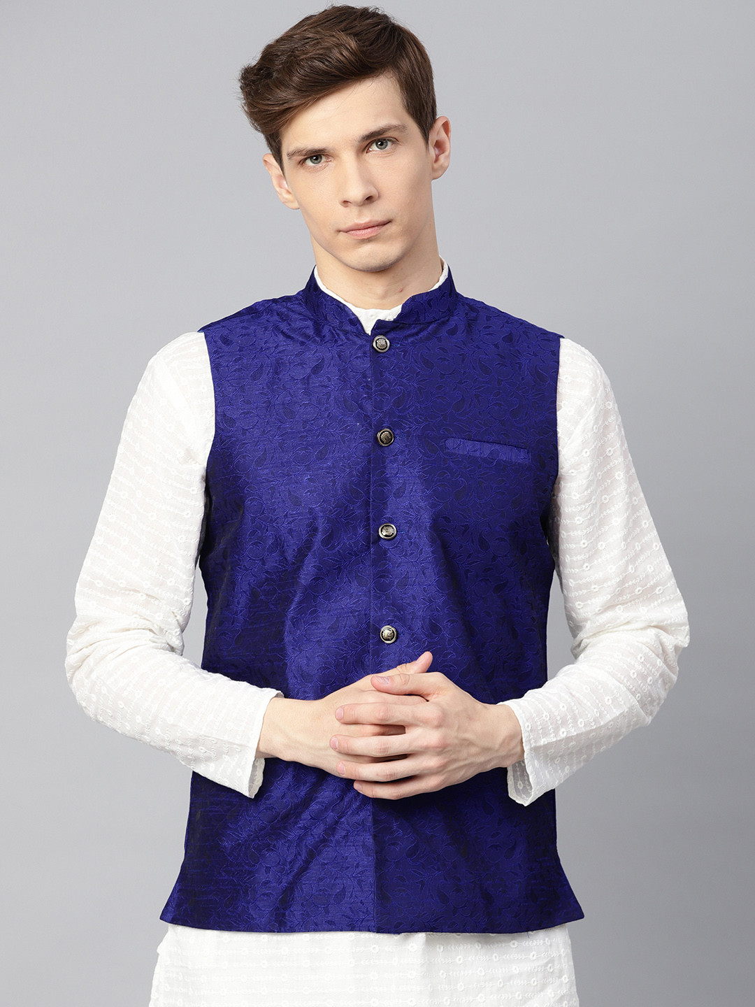 

SOJANYA Men Navy Blue Woven Design Nehru Jacket