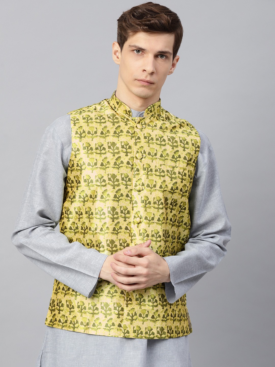 

SOJANYA Men Yellow & Green Printed Nehru Jacket