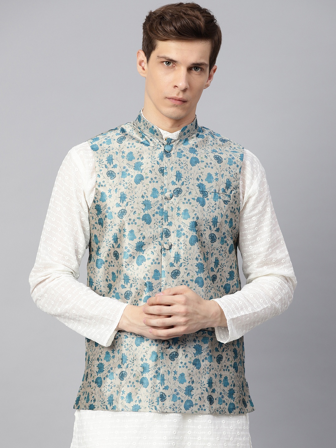 

SOJANYA Men Grey & Blue Printed Nehru Jacket