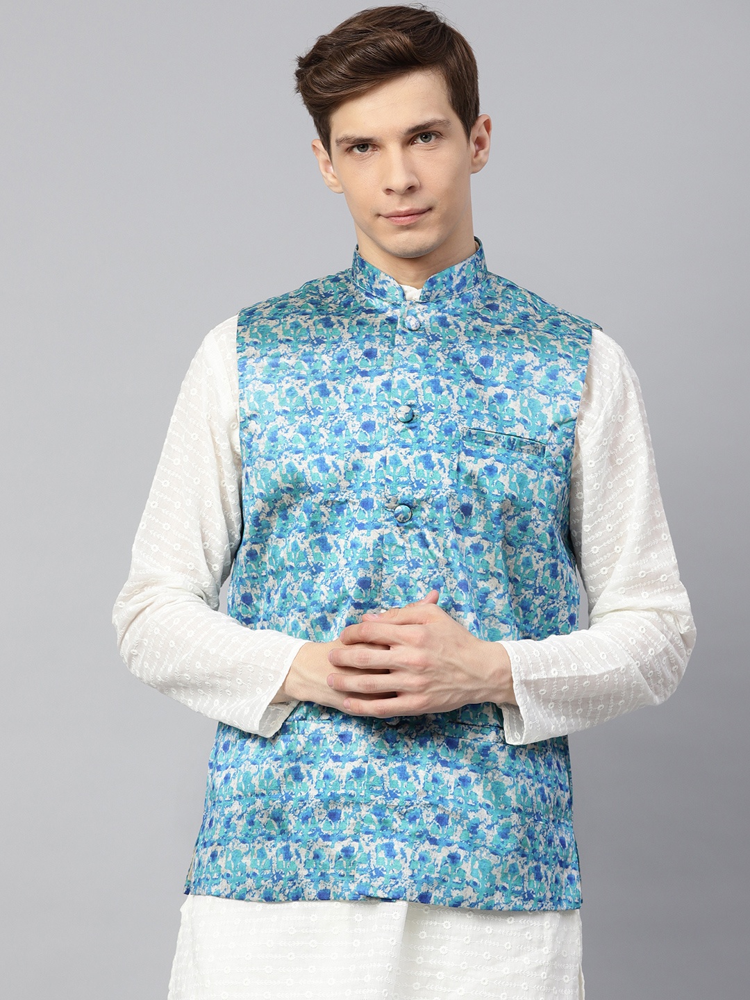 

SOJANYA Men Blue & Grey Printed Nehru Jacket