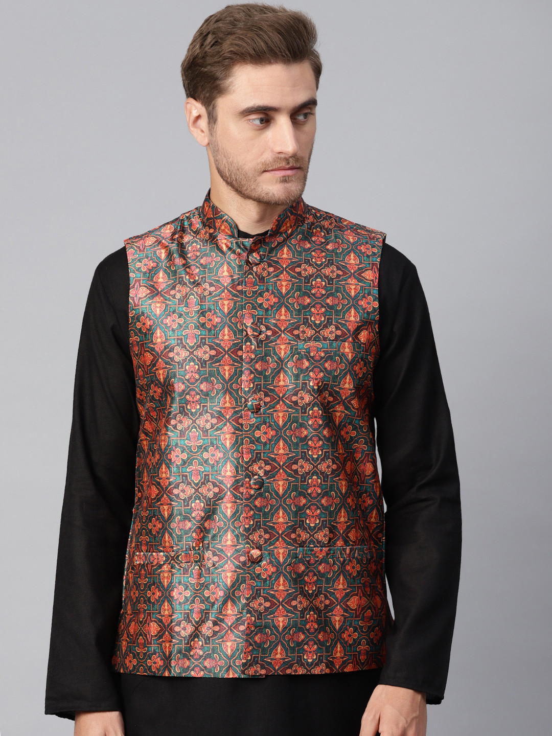

SOJANYA Men Green & Coral Orange Printed Nehru Jacket