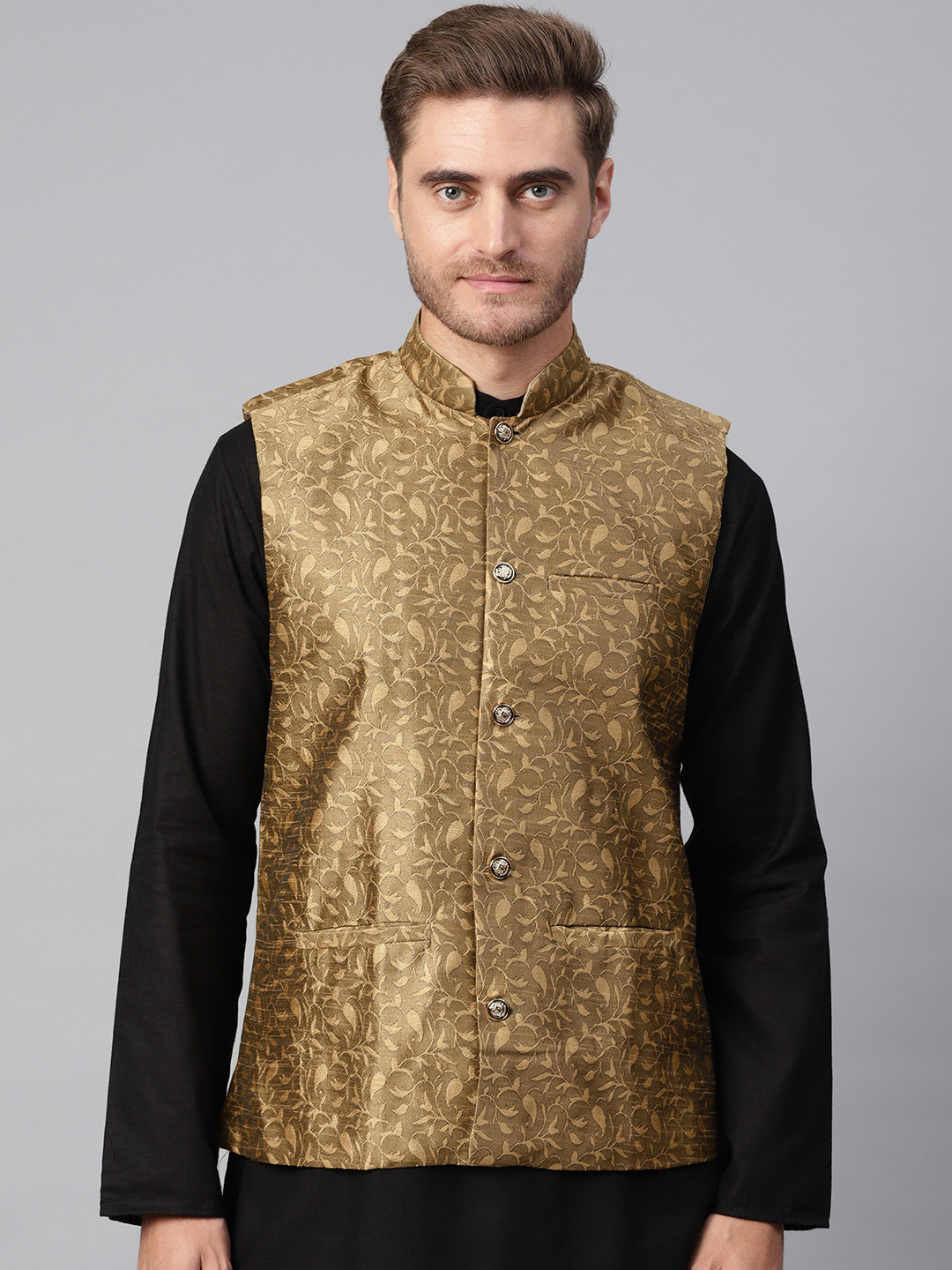 

SOJANYA Men Golden Woven Design Nehru Jacket, Gold