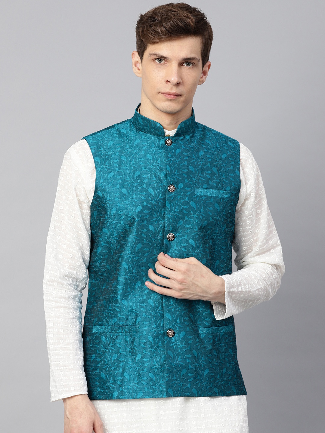 

SOJANYA Men Teal Blue Woven Design Nehru Jacket