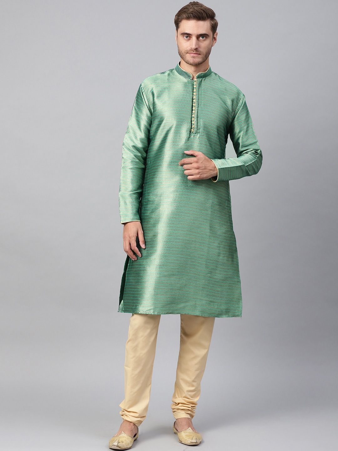 

SOJANYA Men Sea Green & Beige Self Design Kurta with Churidar