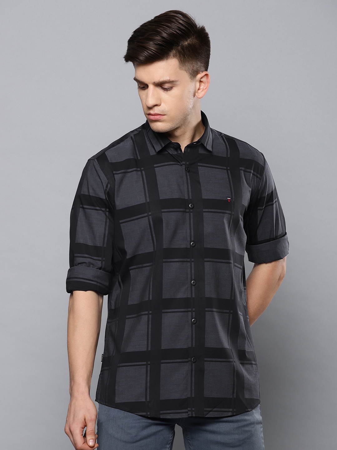 

Louis Philippe Jeans Men Black & Charcoal Grey Slim Fit Checked Casual Shirt