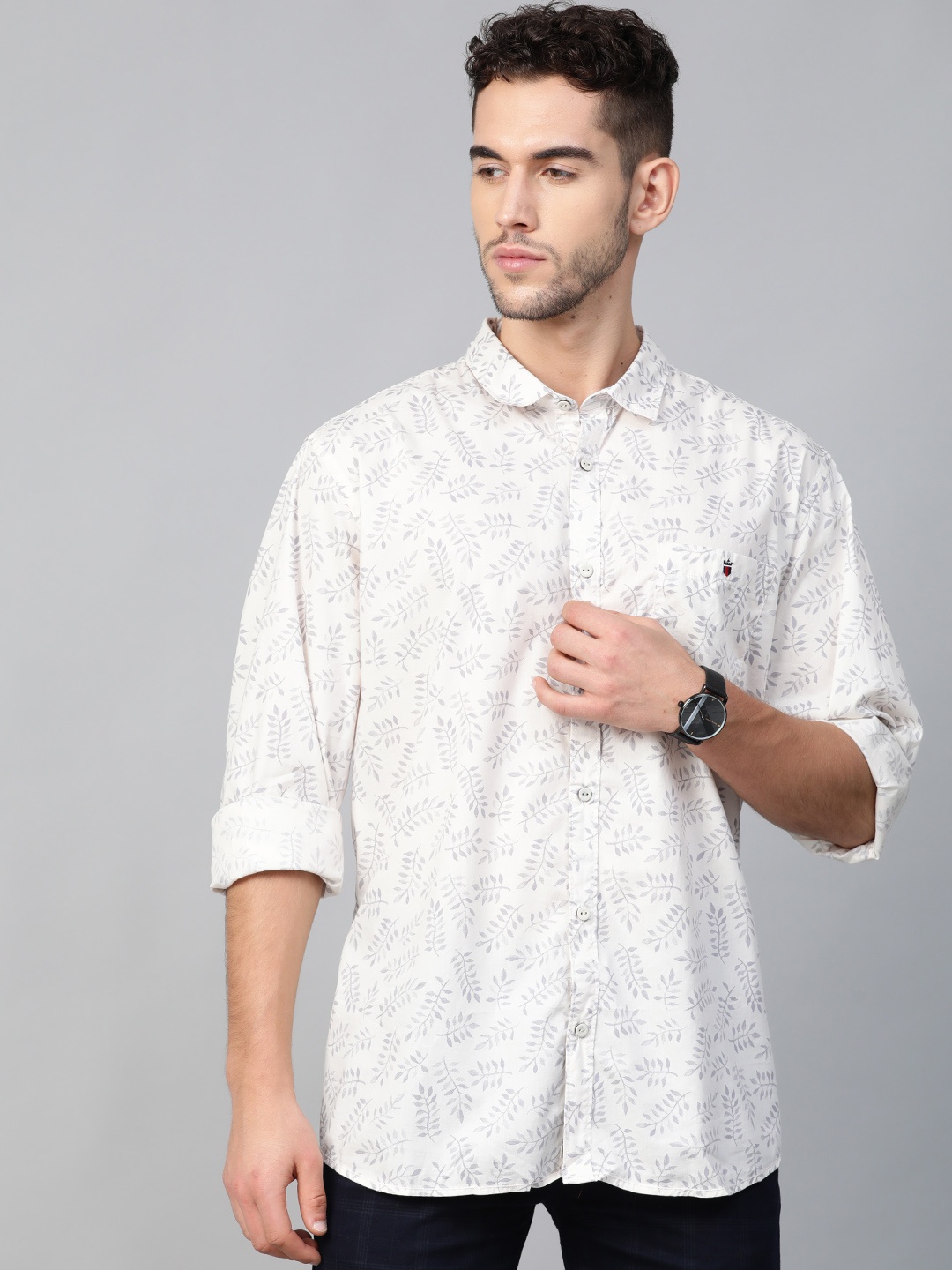 

Louis Philippe Jeans Men Off-White & Grey Slim Fit Printed Casual Shirt
