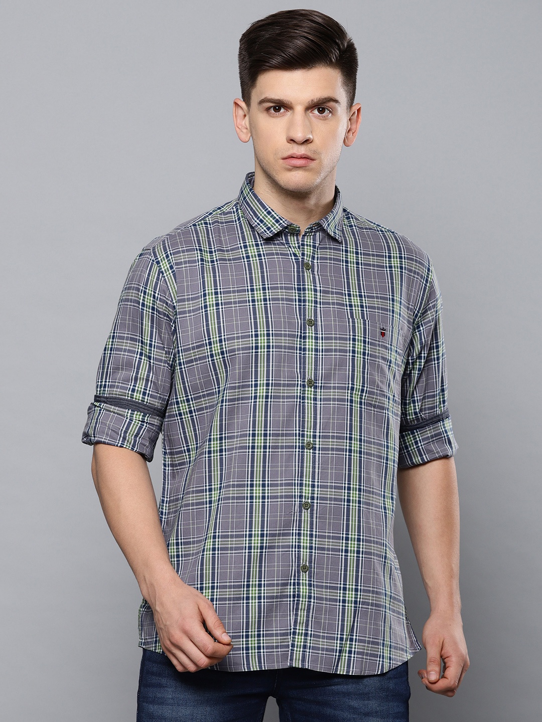 

Louis Philippe Jeans Men Navy Blue & Green Slim Fit Checked Casual Shirt