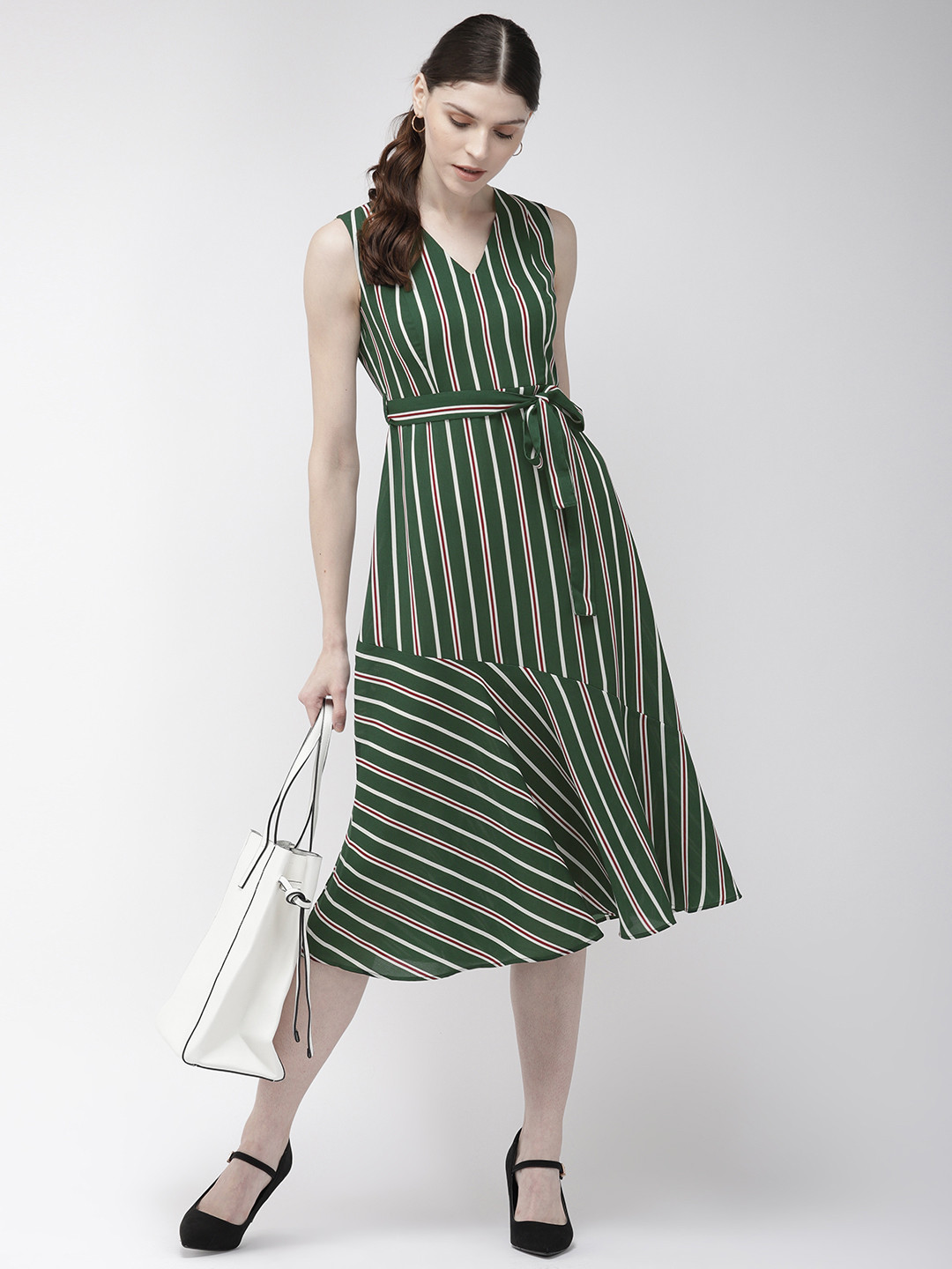 

20Dresses Women Green & White Striped Fit and Flare Dress