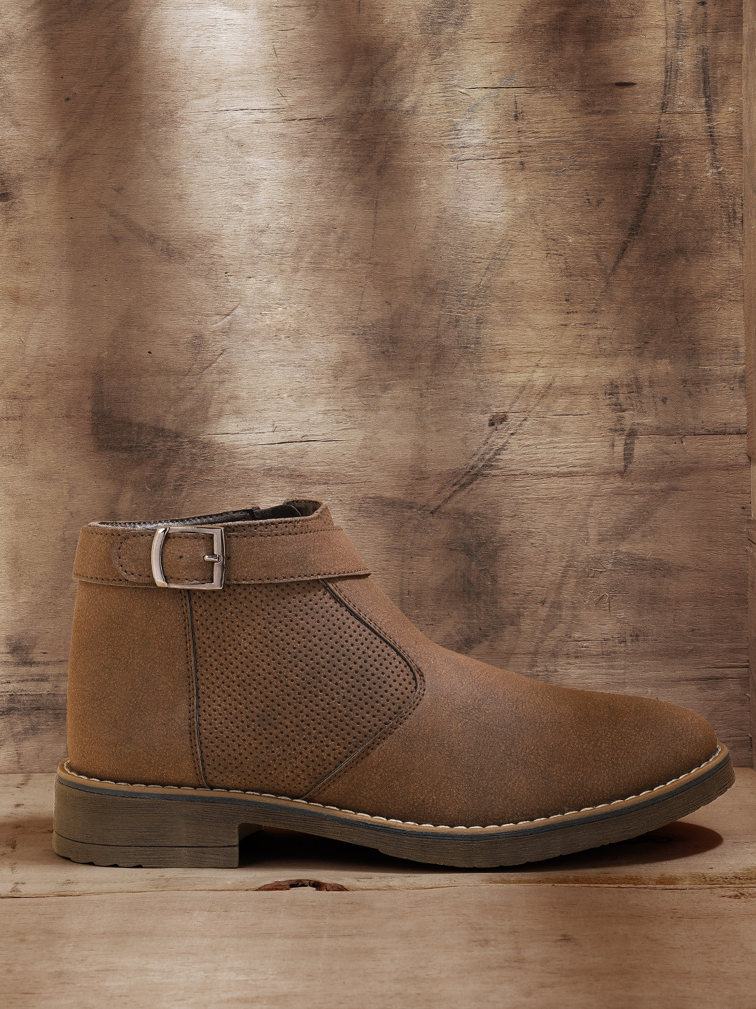

The Roadster Lifestyle Co Men Brown Perforated Detail Mid-Top Flat Boots