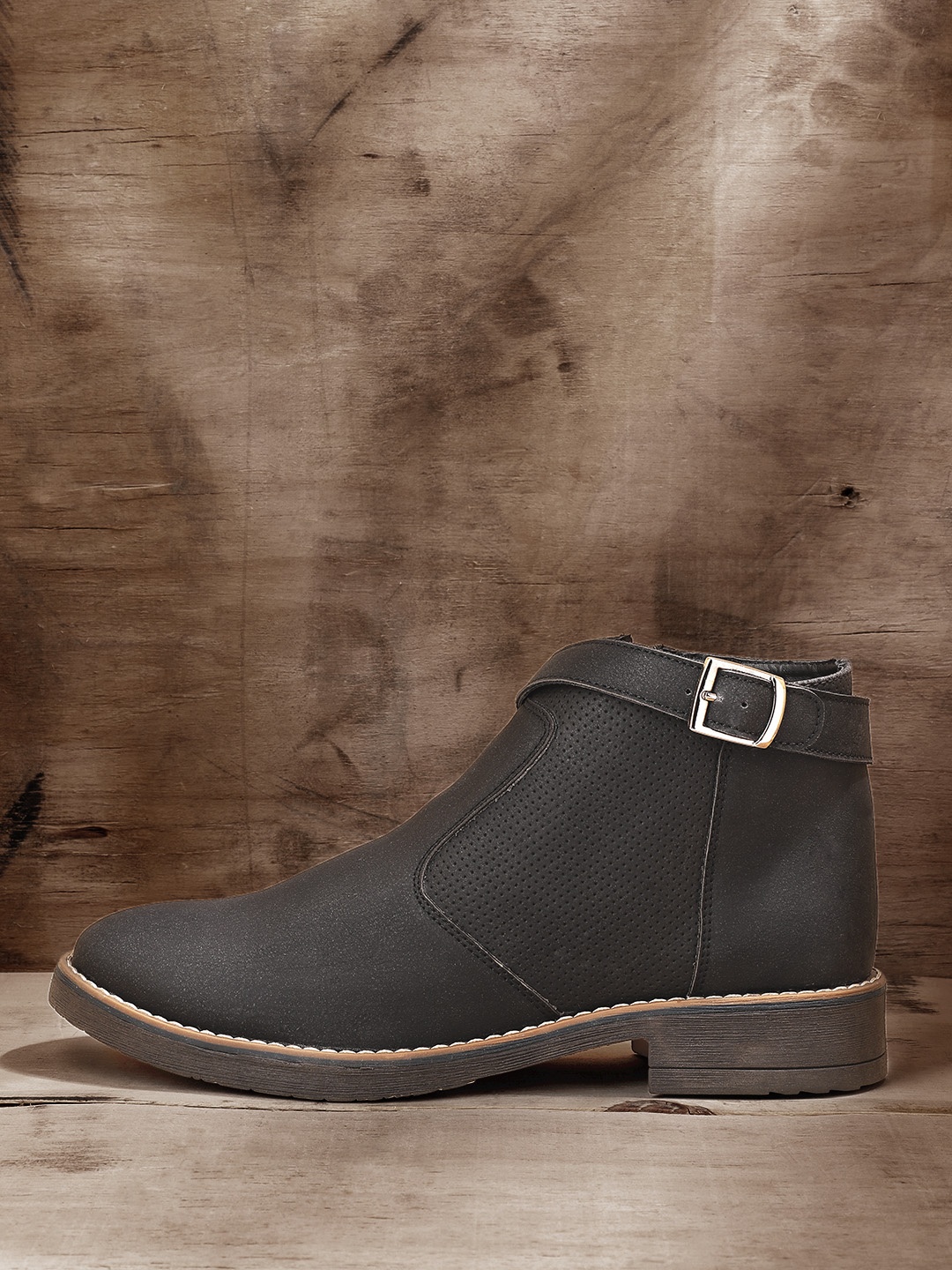 

The Roadster Lifestyle Co Men Black Solid Mid-Top Flat Boots with Perforated Detail
