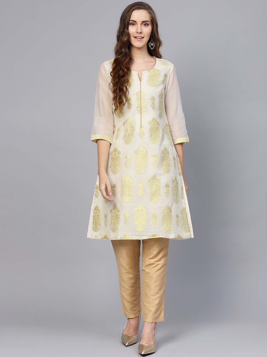 

Biba Women Off-White & Golden Woven Design Straight Kurta