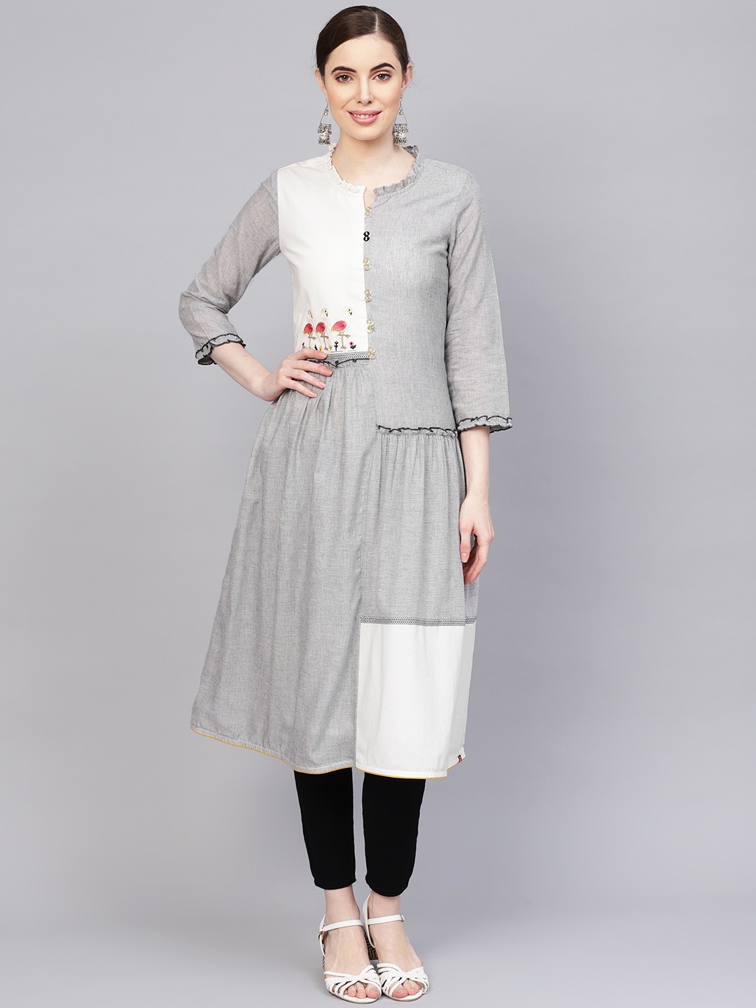 

Biba Women Grey & White Colourblocked Tiered A-Line Kurta
