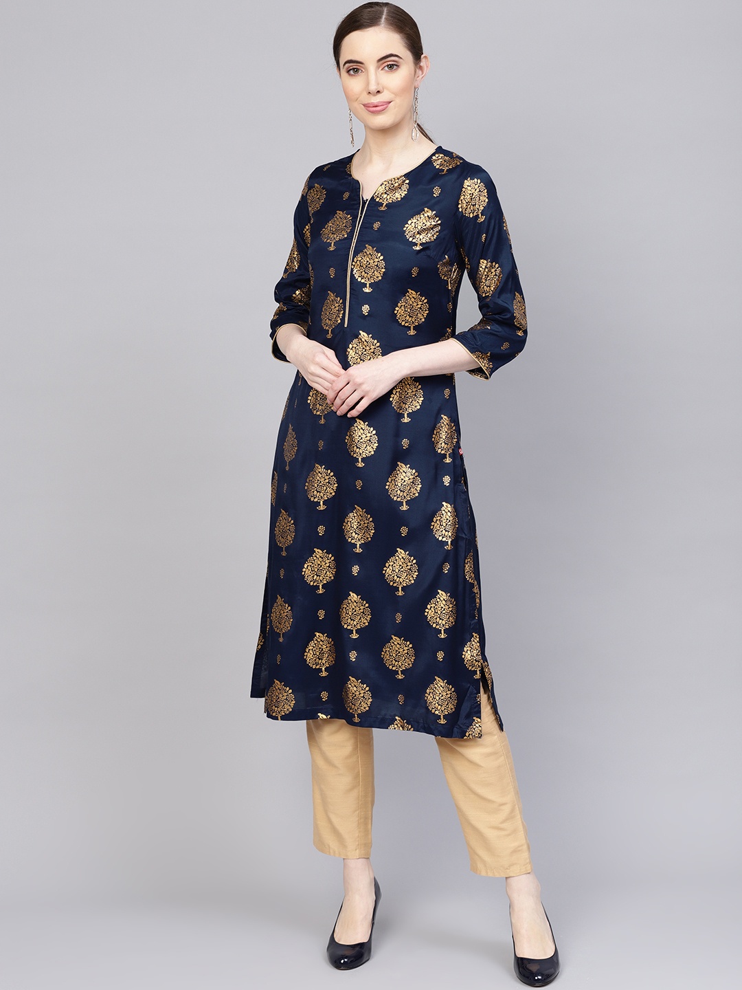 

Biba Women Navy Blue & Golden Printed Straight Kurta