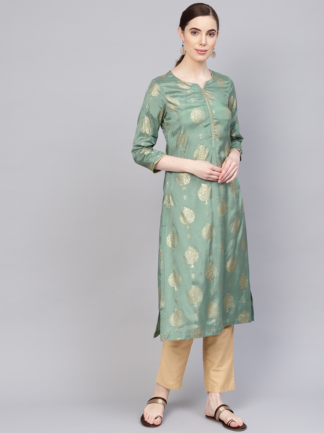 

Biba Women Green & Golden Printed Straight Kurta