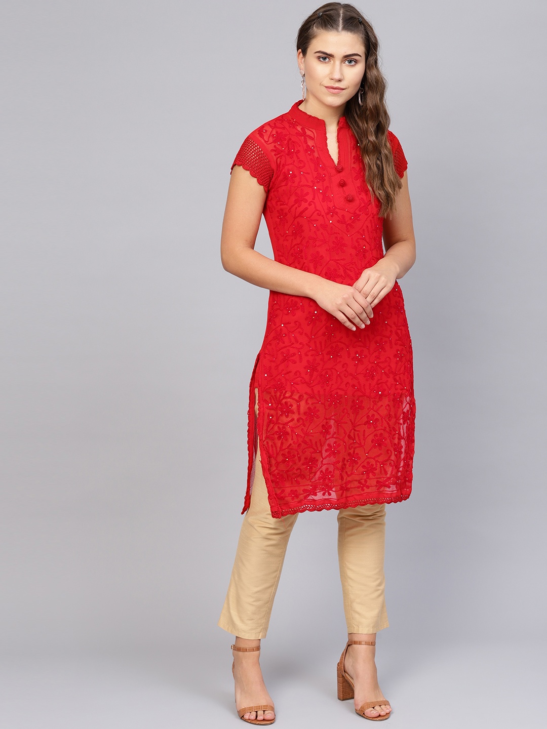 

Saadgi Women Red Handloon Chikankari Embroidered Straight Kurta