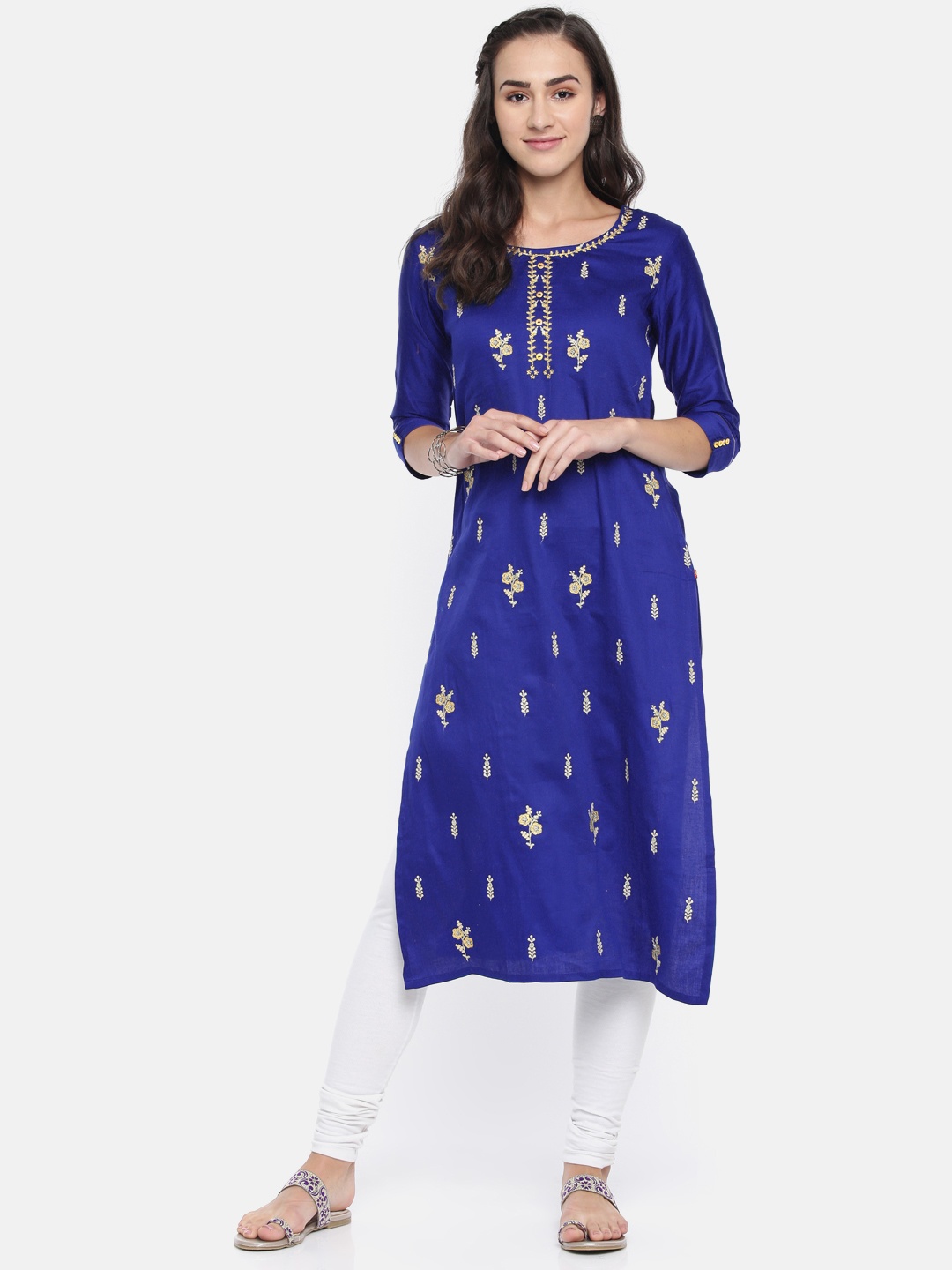 

Span Women Blue Embroidered Straight Kurta