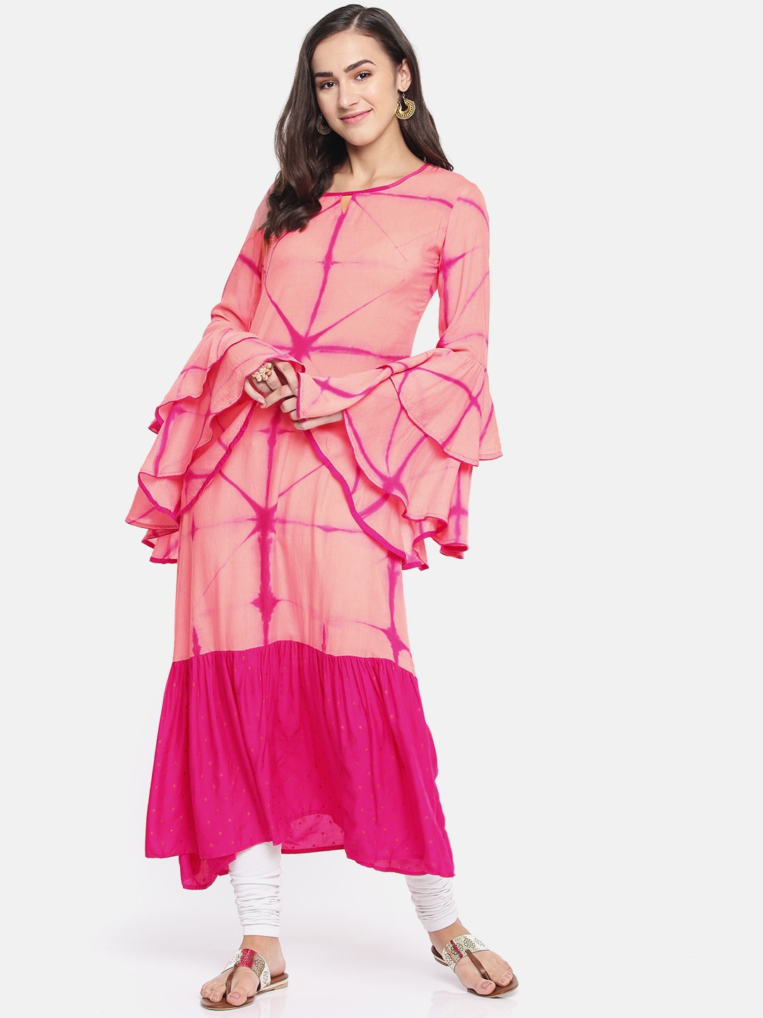 

Span Women Peach-Coloured & Pink Dyed Tiered A-Line Kurta