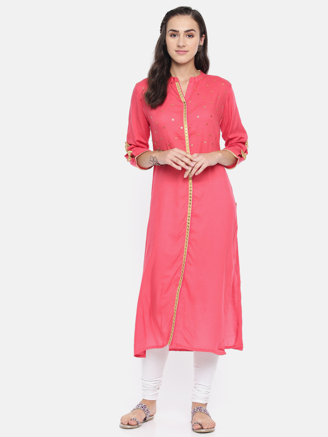 

Span Women Pink Embellished Straight Kurta