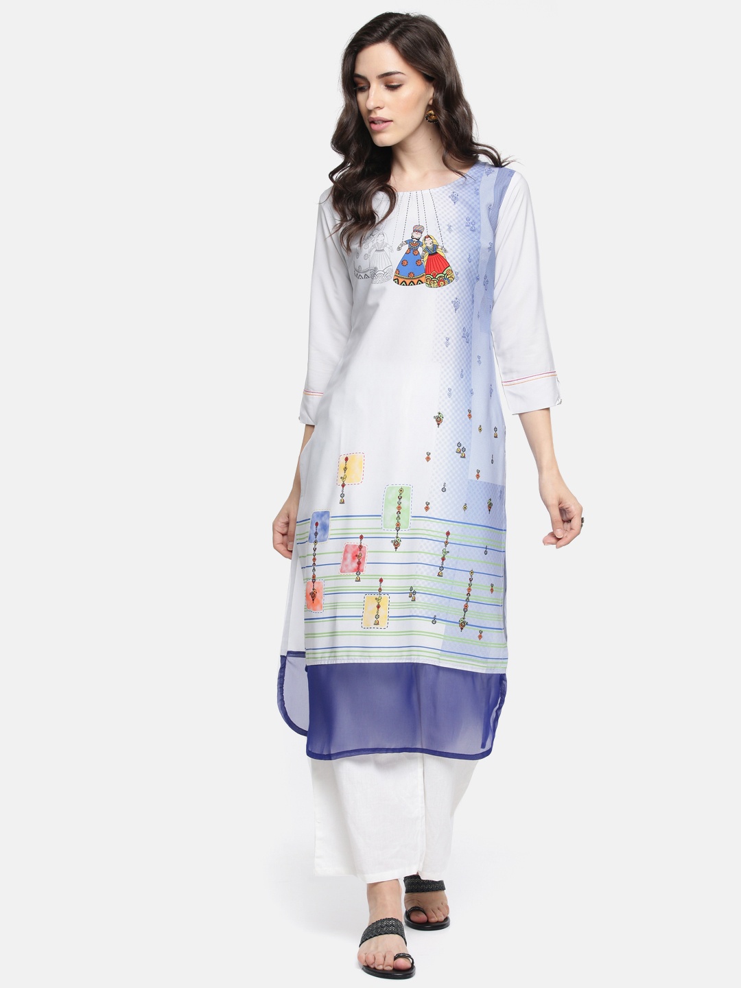 

Span Women Grey & Blue Printed Straight Kurta