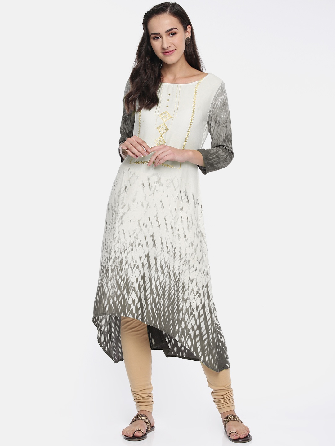 

Span Women Off-White & Grey Printed Asymmetric A-Line Kurta