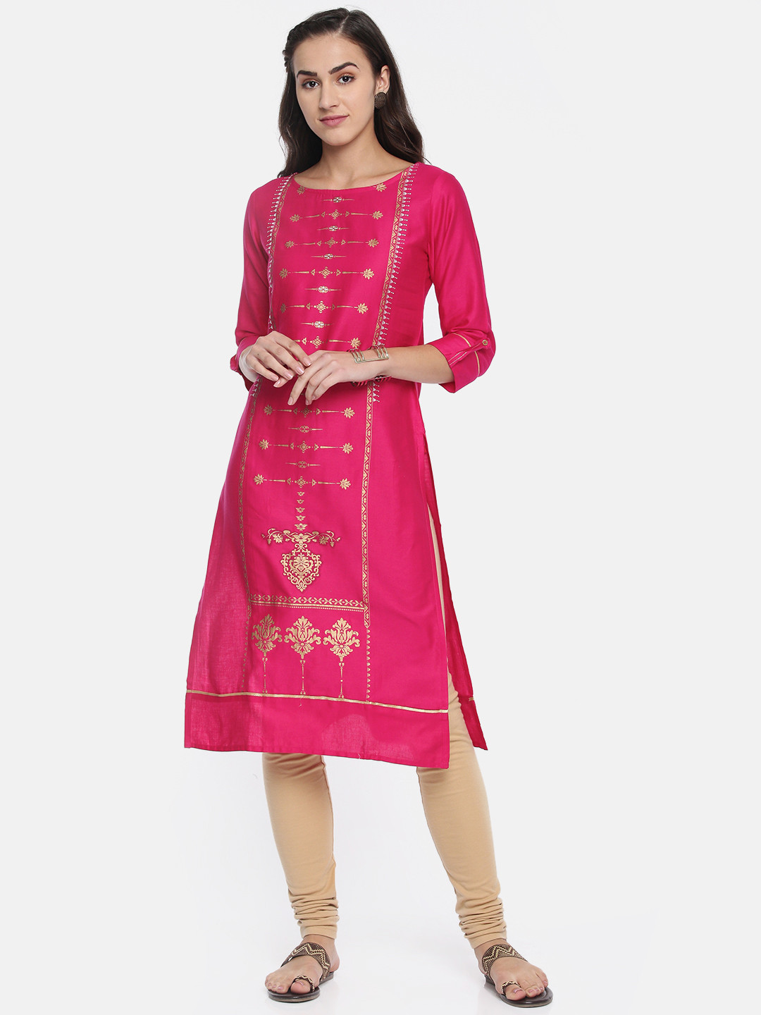 

Span Women Pink Foil Printed Straight Kurta