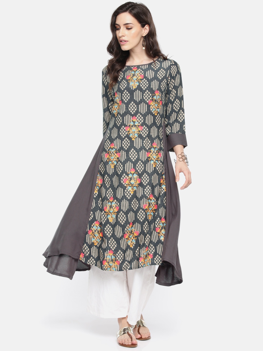 

Span Women Grey & Beige Asymmetric Printed A-Line Kurta