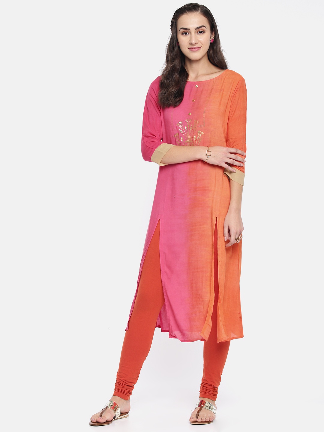

Span Women Pink & Orange Dyed Straight Kurta