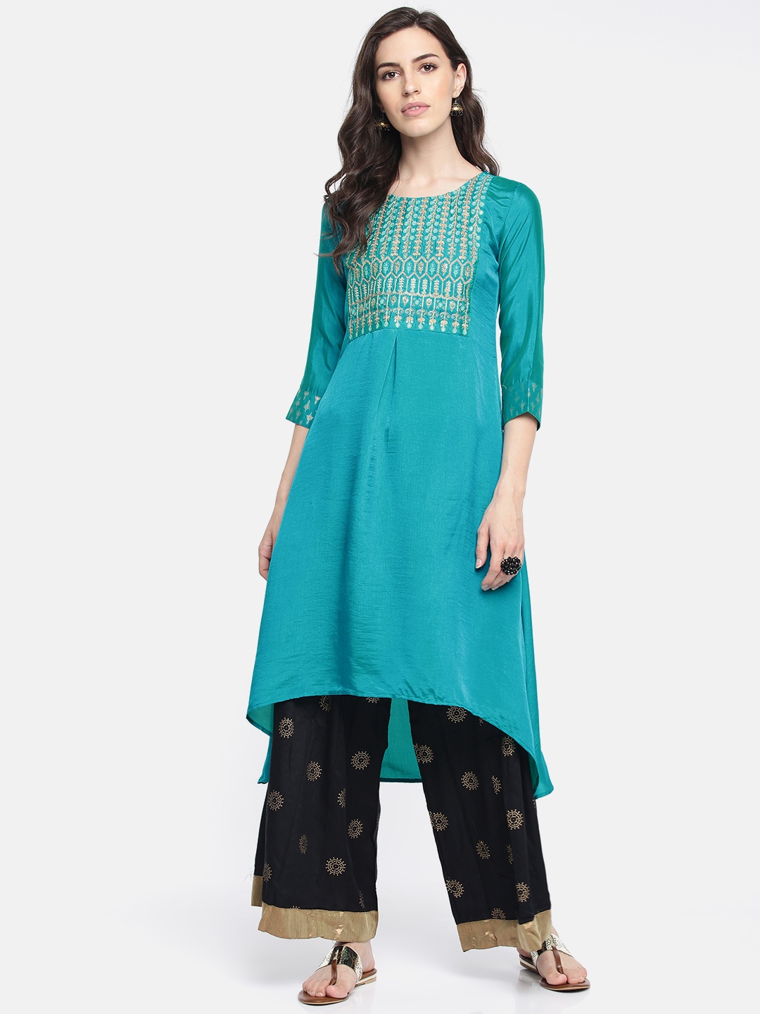 Span Women Turquoise Blue Embroidered A-Line Kurta