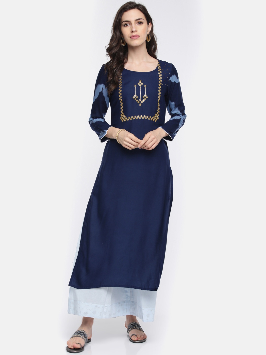 

Span Women Navy Blue Printed Straight Kurta