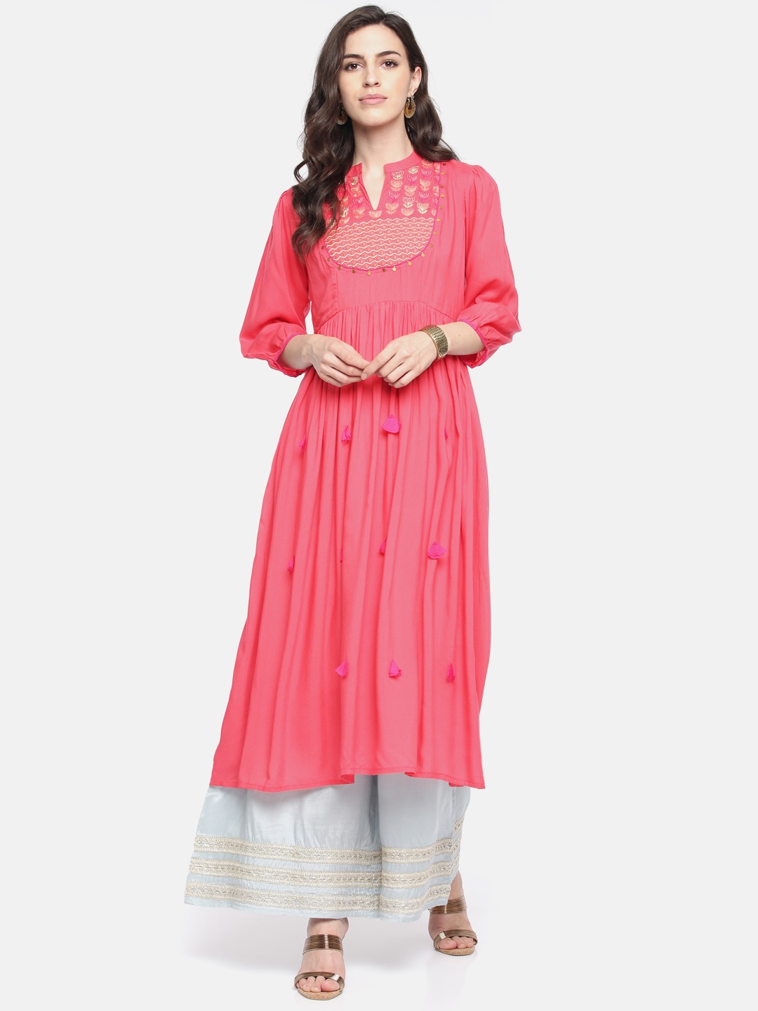 

Span Women Peach-Coloured Embroidered A-Line Kurta