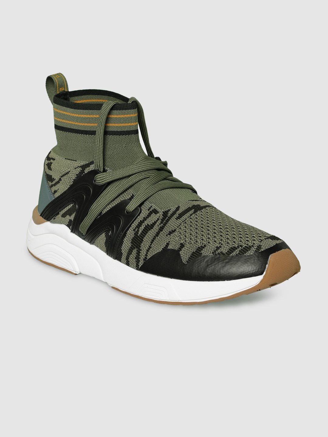 

Flying Machine Men Olive Green Textured Textile Mid-Top Sneakers