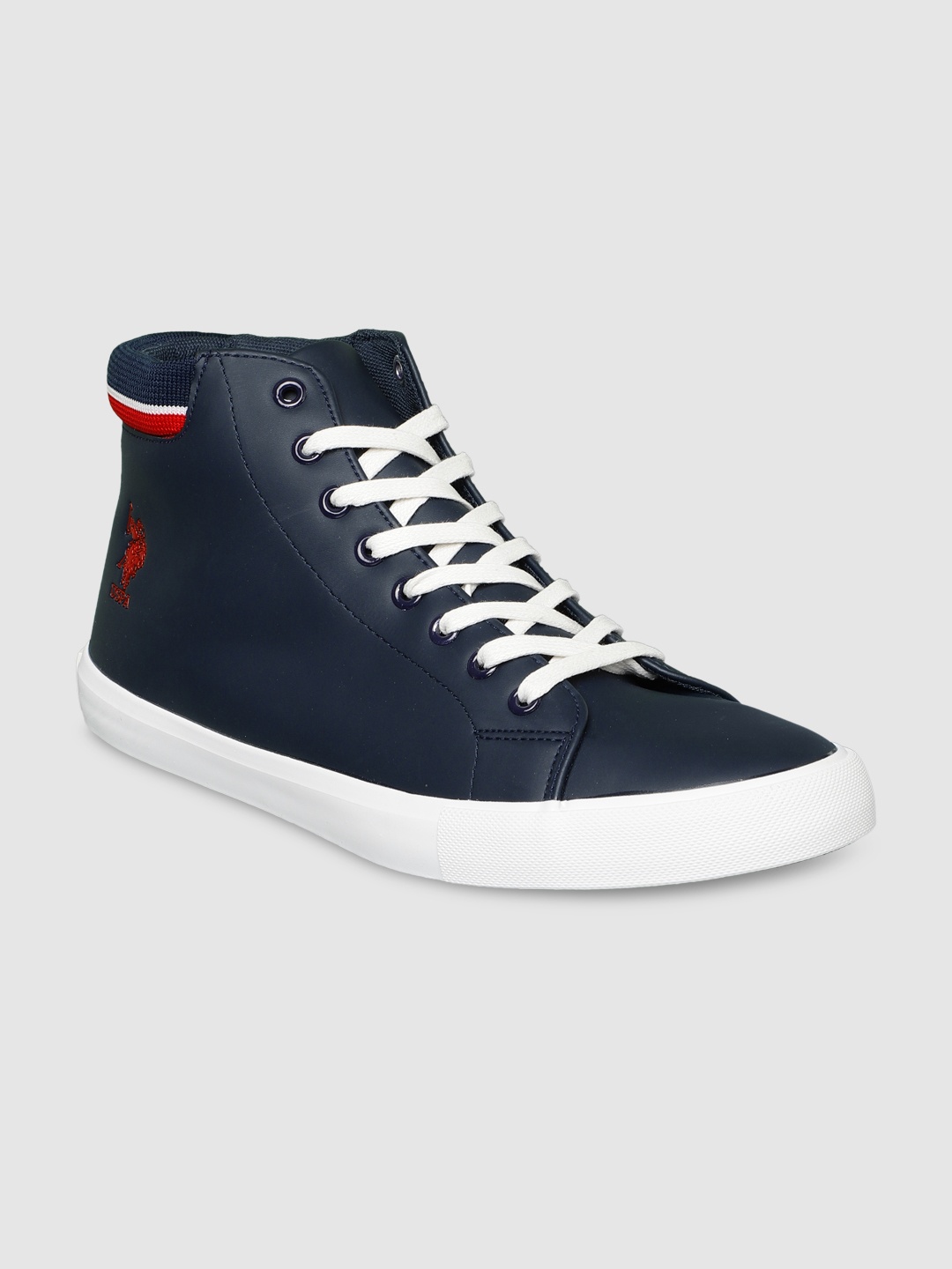 

U.S. Polo Assn. Men Navy Blue Solid Synthetic Leather Mid-Top Sneakers