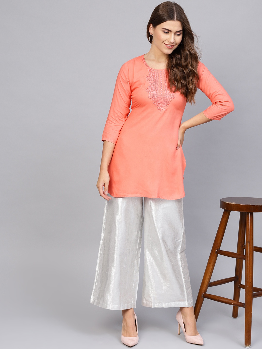 

Saadgi Women Peach-Coloured Yoke Design Straight Kurta