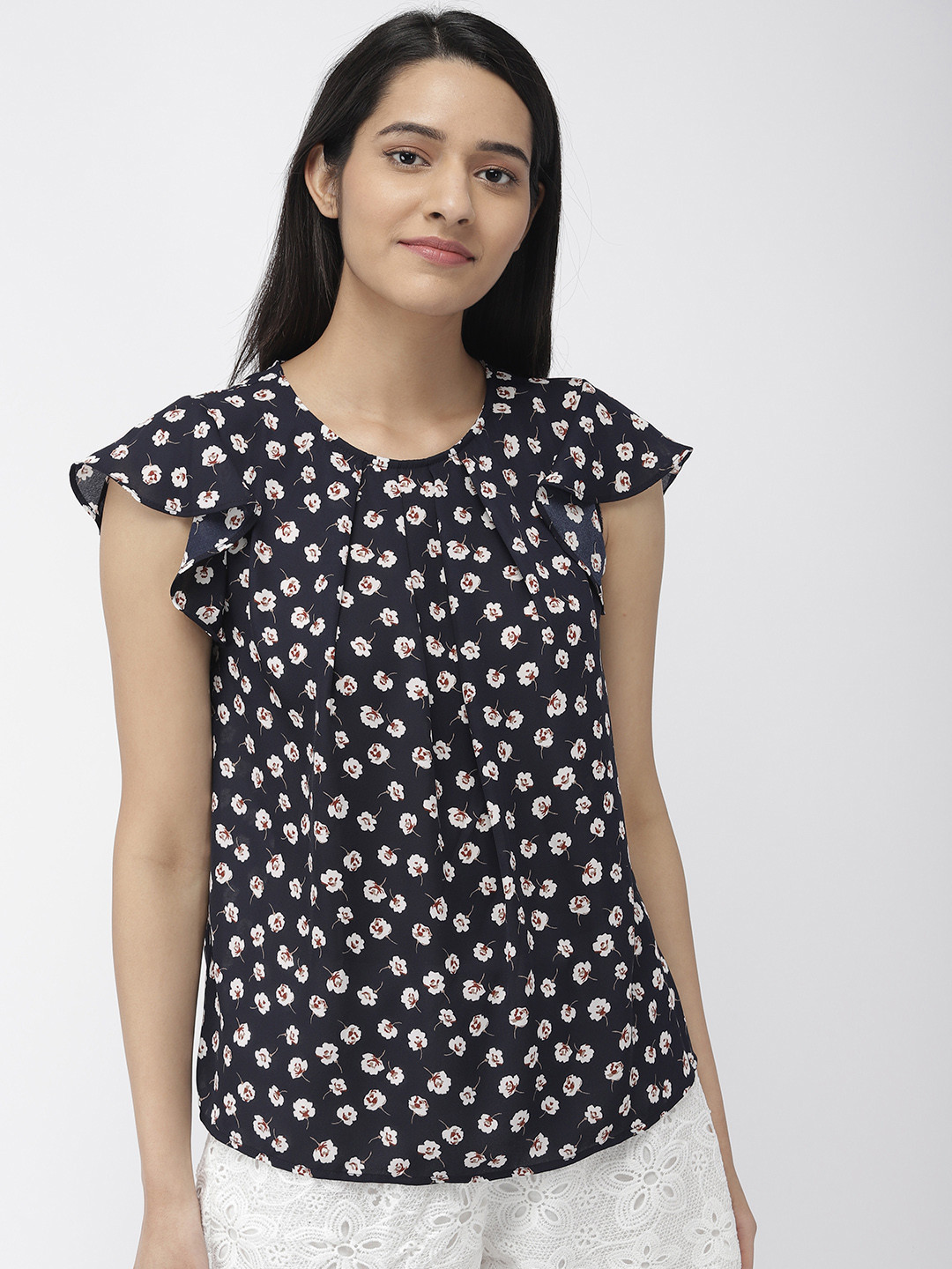 

FOREVER 21 Women Navy Blue & White Floral Print Top
