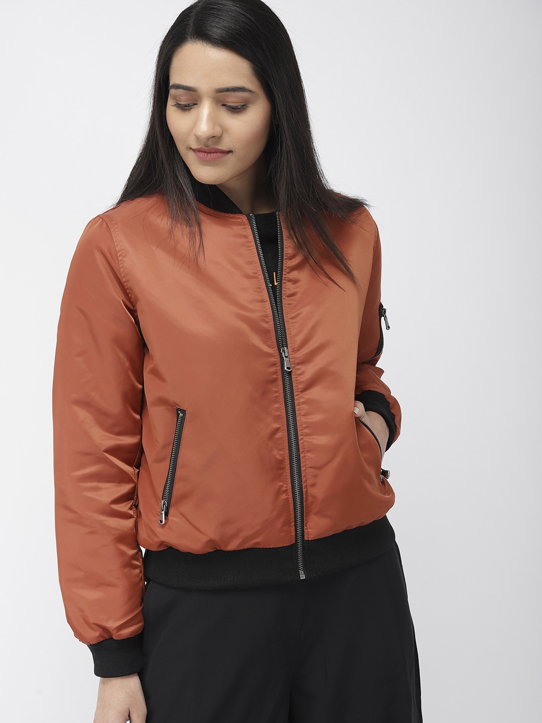 

FOREVER 21 Women Rust Orange Solid Bomber Jacket