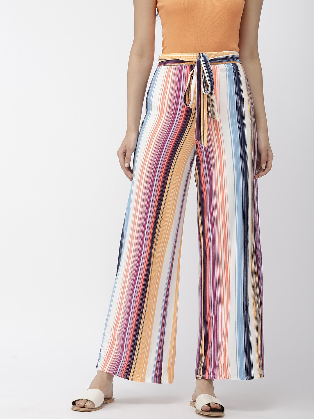 

FOREVER 21 Women Multicoloured Regular Fit Striped Parallel Trousers, Multi