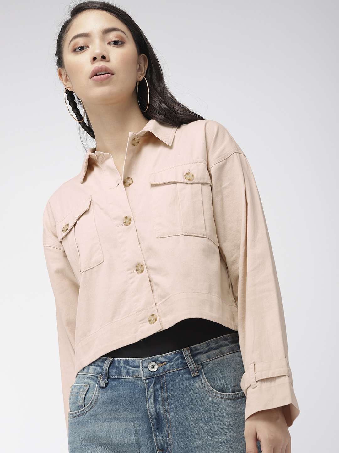 

FOREVER 21 Women Beige Solid Cropped Denim Jacket