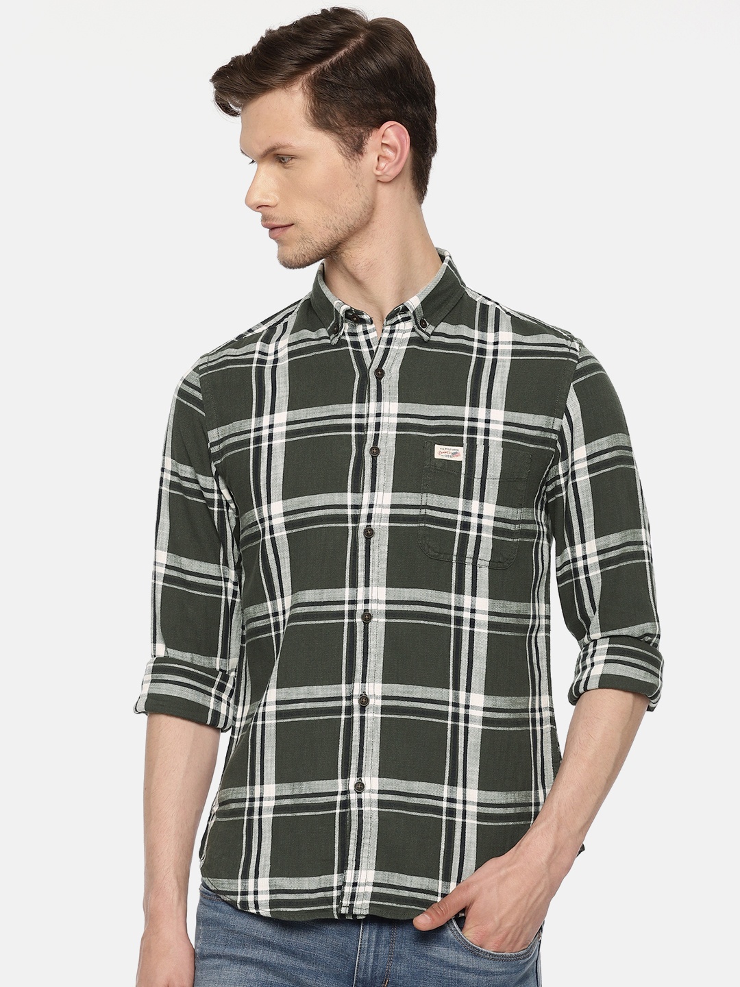 

U.S. Polo Assn. Denim Co. Men Olive Green & White Checked Casual Shirt