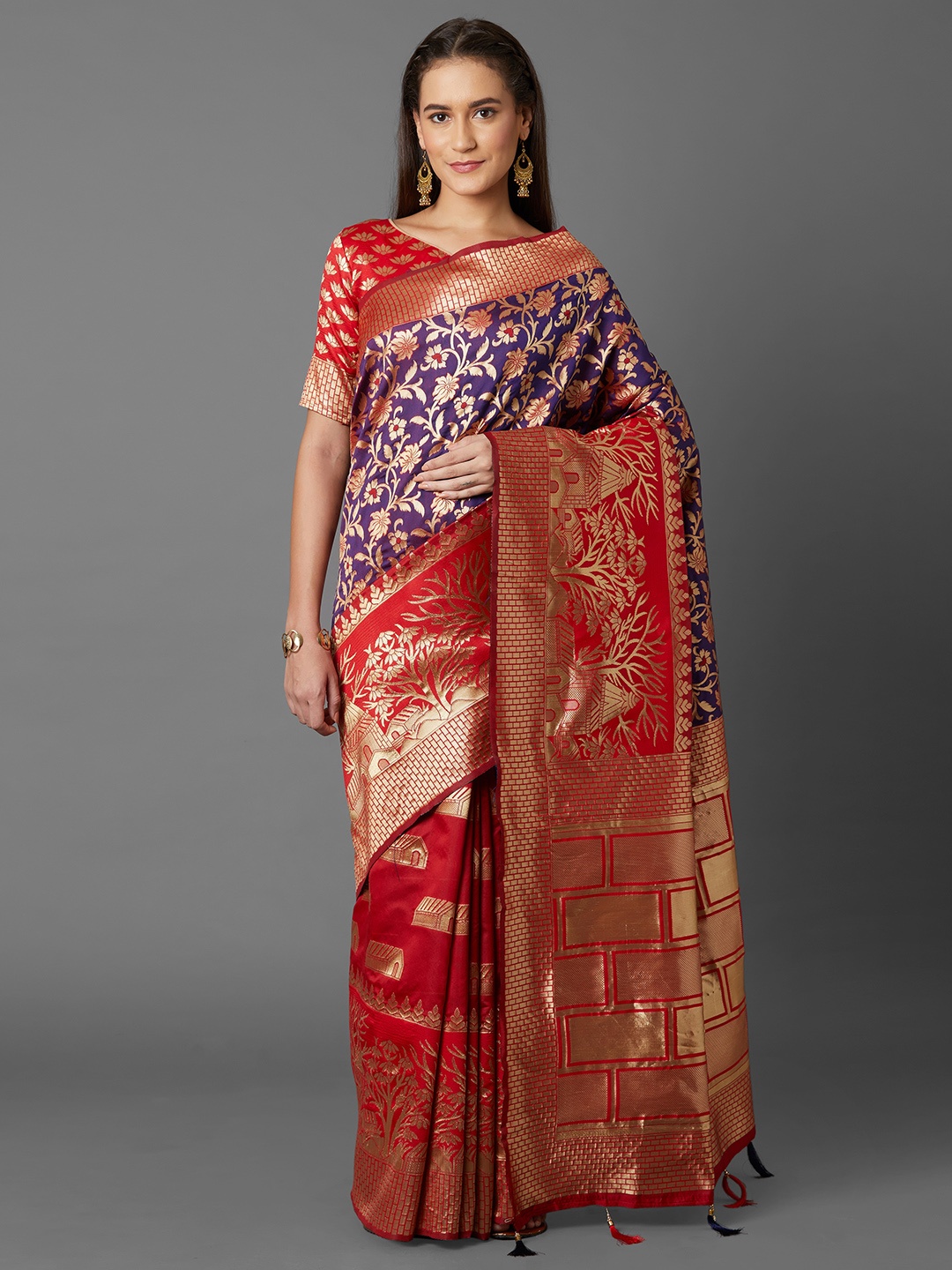 

Mitera Red & Navy Blue Silk Blend Woven Design Kanjeevaram Saree