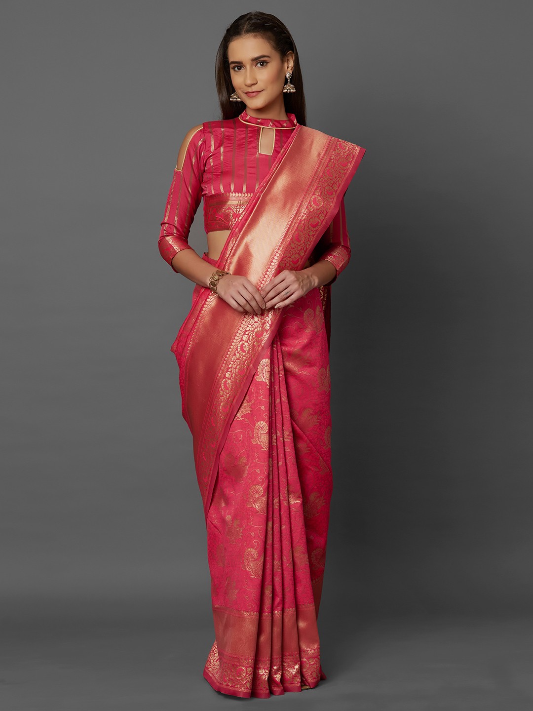 

Mitera Pink Silk Blend Woven Design Kanjeevaram Saree