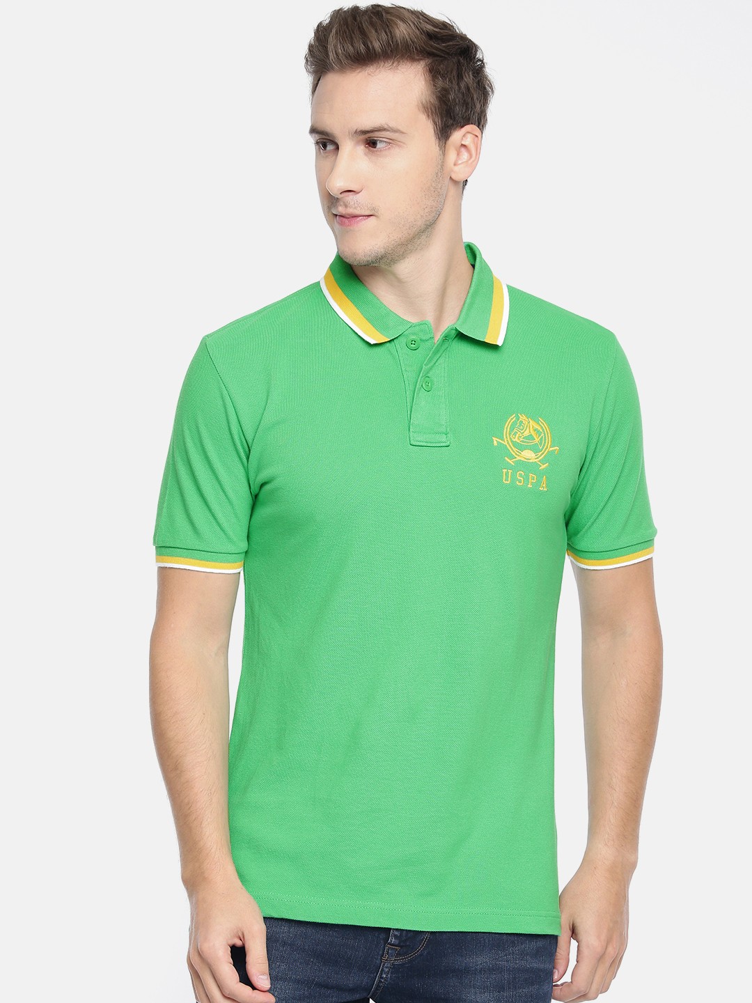 

U.S. Polo Assn. Men Green Solid Embroidered Polo Collar Pure Cotton T-shirt