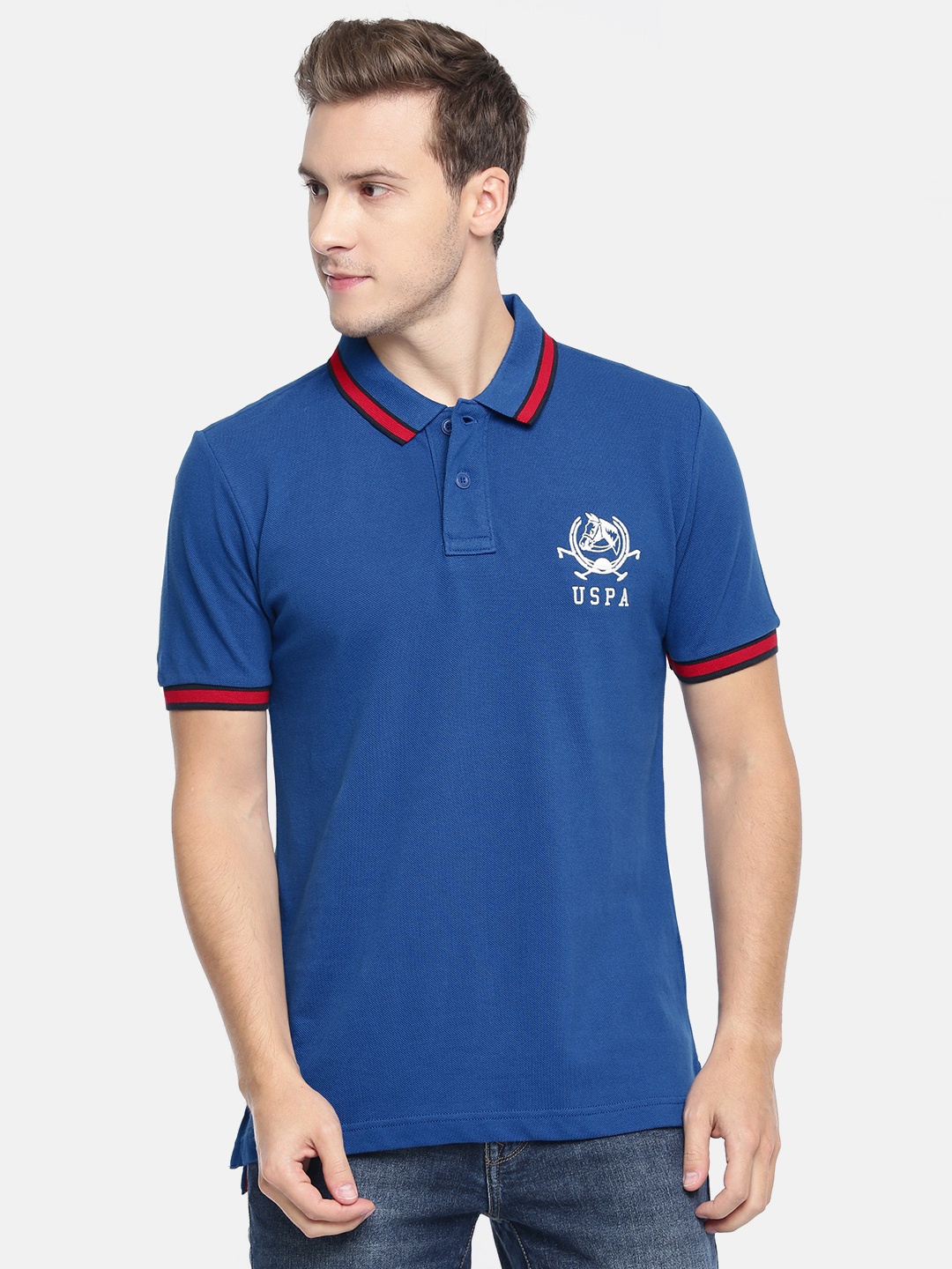 

U.S. Polo Assn. Men Blue Solid Embroidered Polo Collar Pure Cotton T-shirt